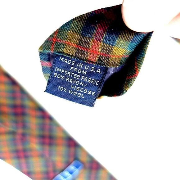 Gap Rayon Wool Plaid Green Blue Red Yellow Rayon Wool Mad In USA Tie - Picture 4 of 6